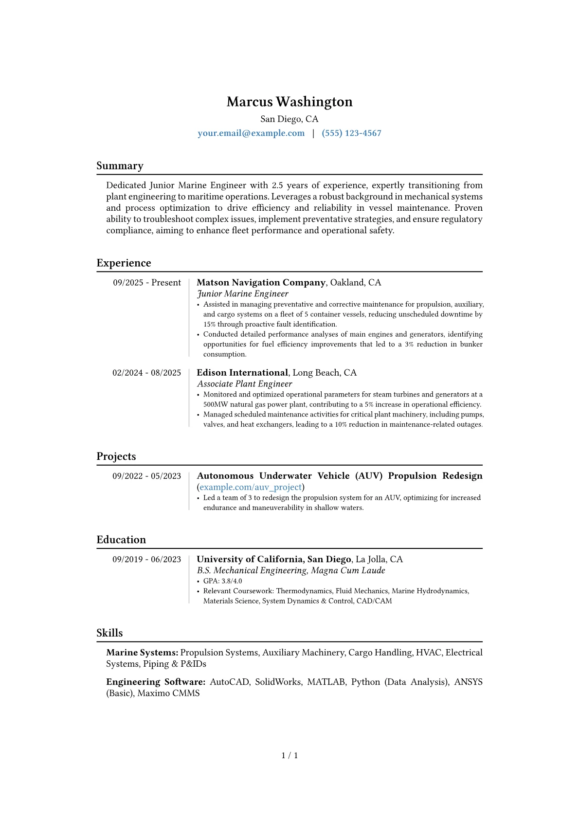 Junior Marine Engineer resume example, Career changer, page 1