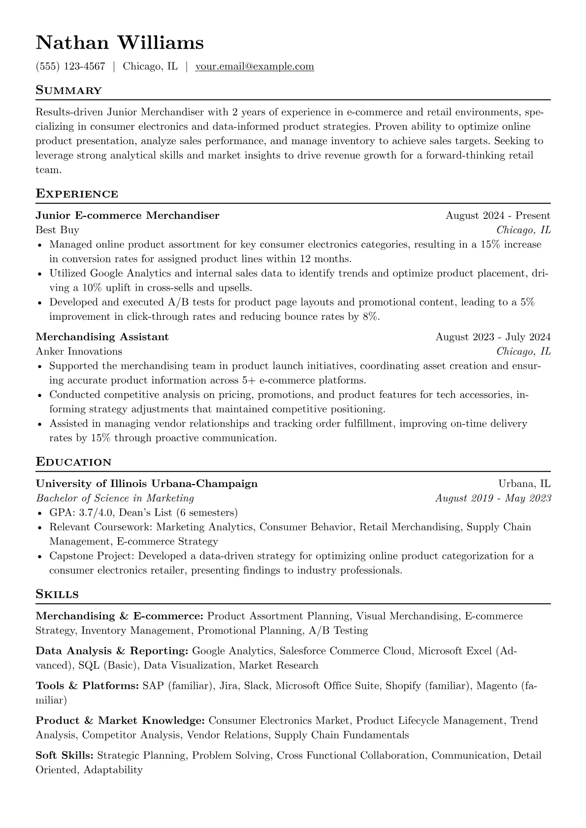 Junior Merchandiser resume example, Junior Merchandiser, page 1