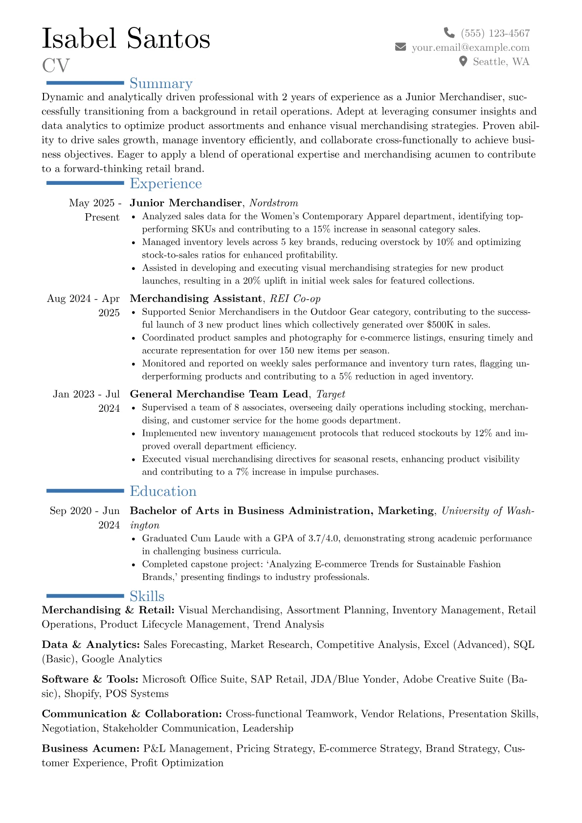 Junior Merchandiser resume example, Career changer, page 1