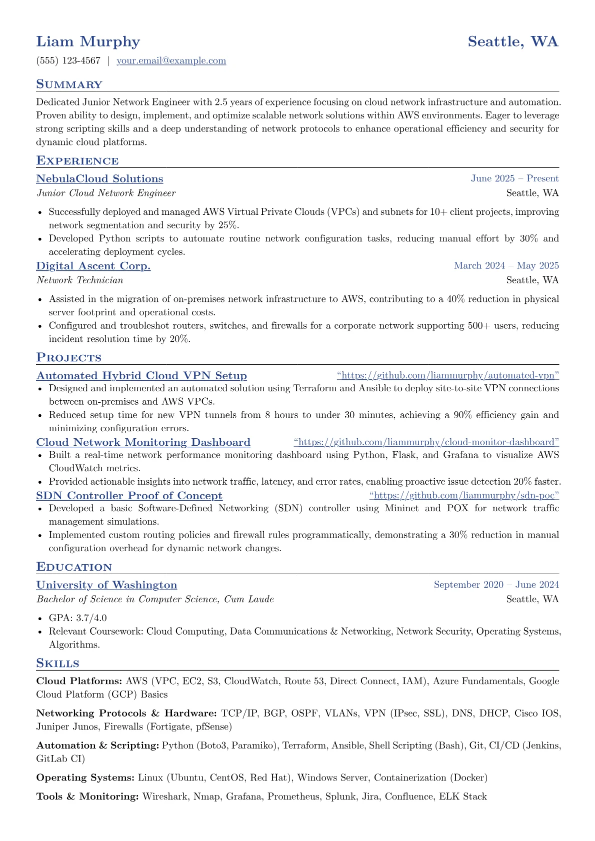 Junior Network Engineer resume example, Cloud Networking, page 1