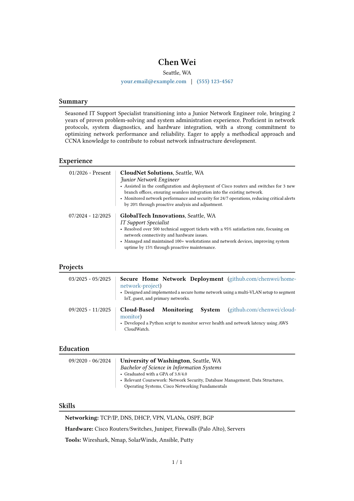 Junior Network Engineer resume example, Career changer, page 1