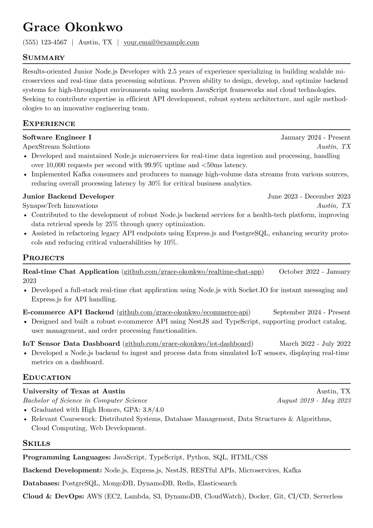 Junior Node.js Developer resume example, Junior Node.js Developer, page 1