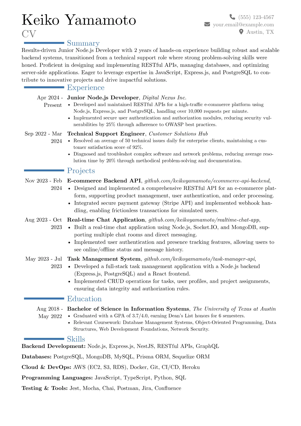 Junior Node.js Developer resume example, Career changer, page 1