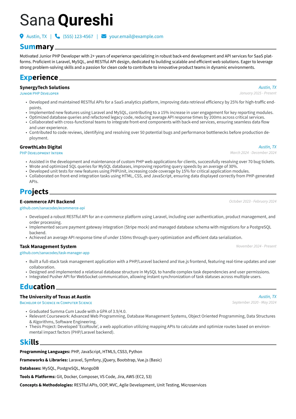 Junior PHP Developer resume example, Entry, page 1