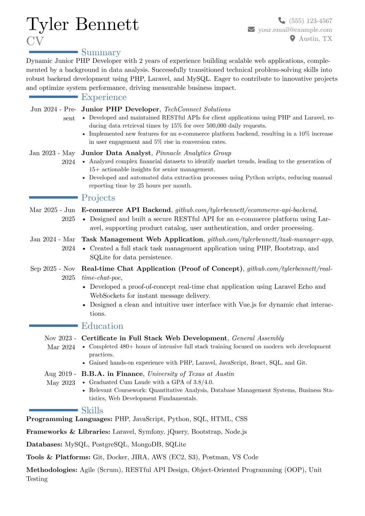 Junior PHP Developer resume example, Career changer, page 1