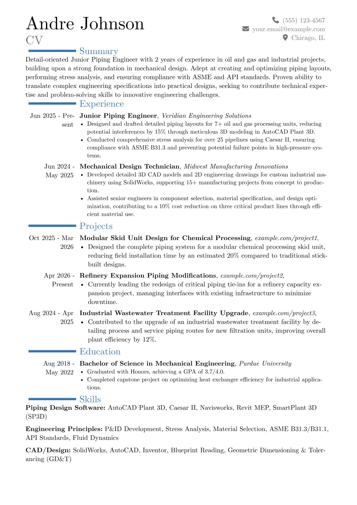 Junior Piping Engineer resume example, Career changer, page 1