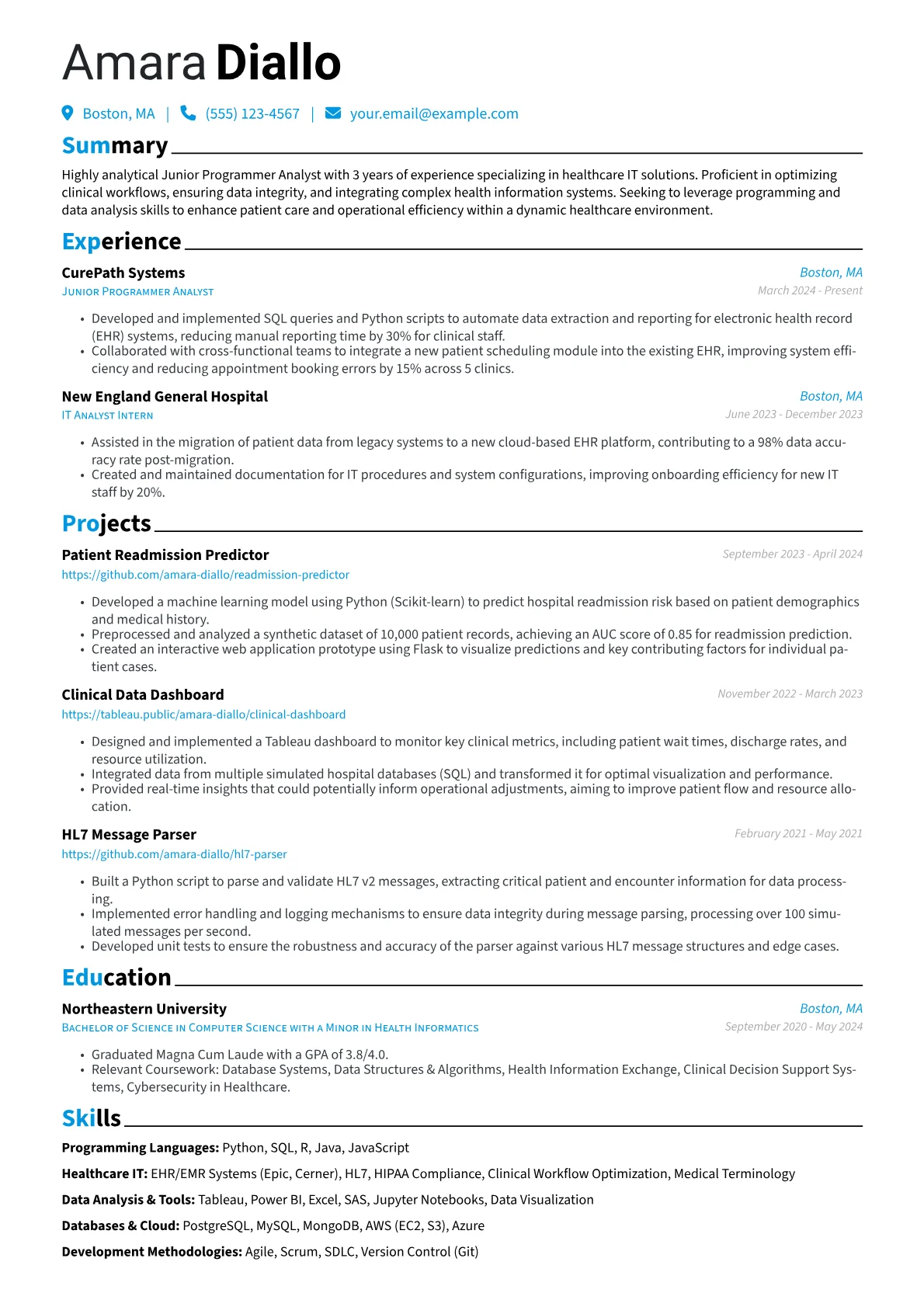 Junior Programmer Analyst resume example, Junior Programmer Analyst, page 1