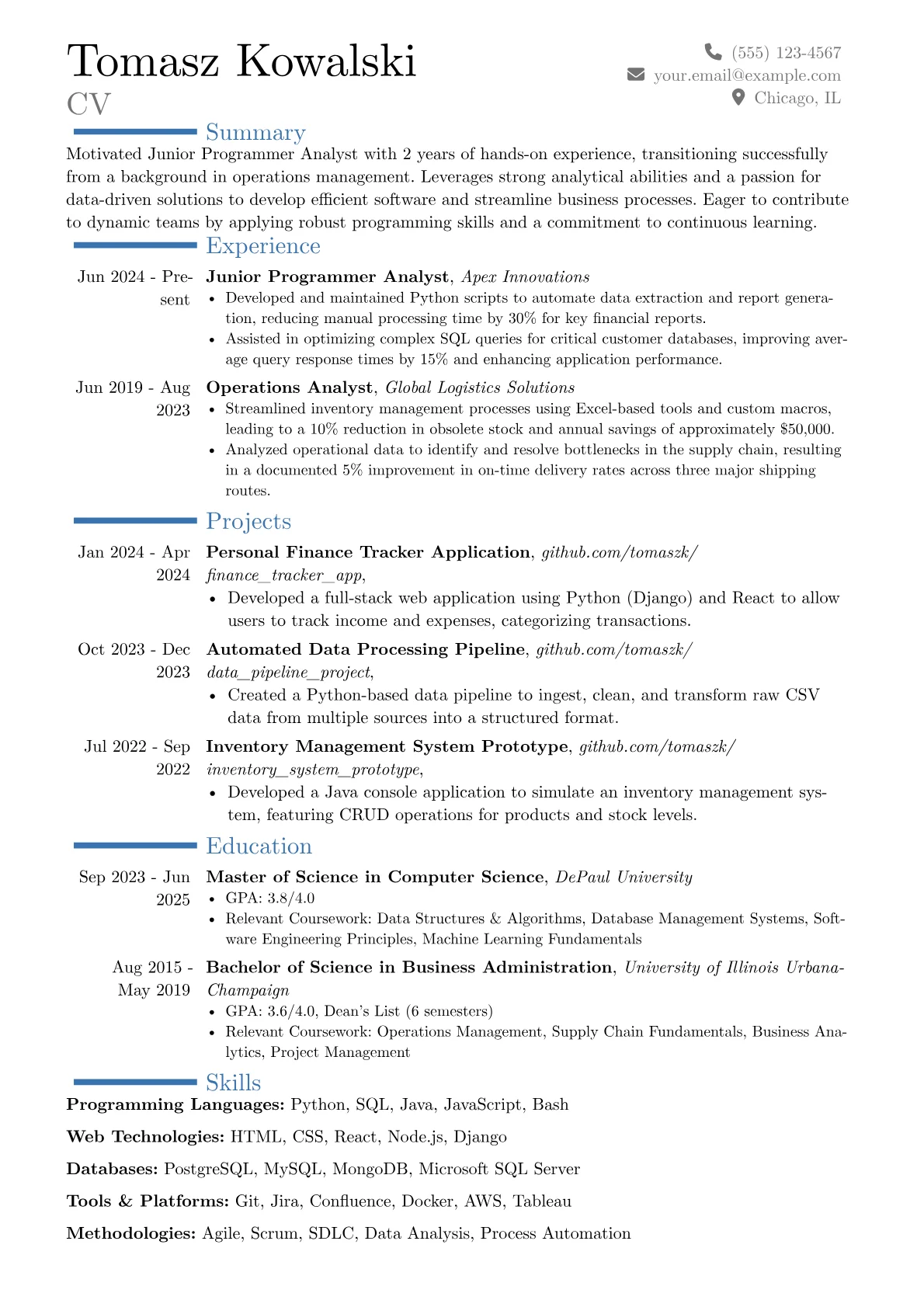 Junior Programmer Analyst resume example, Career changer, page 1
