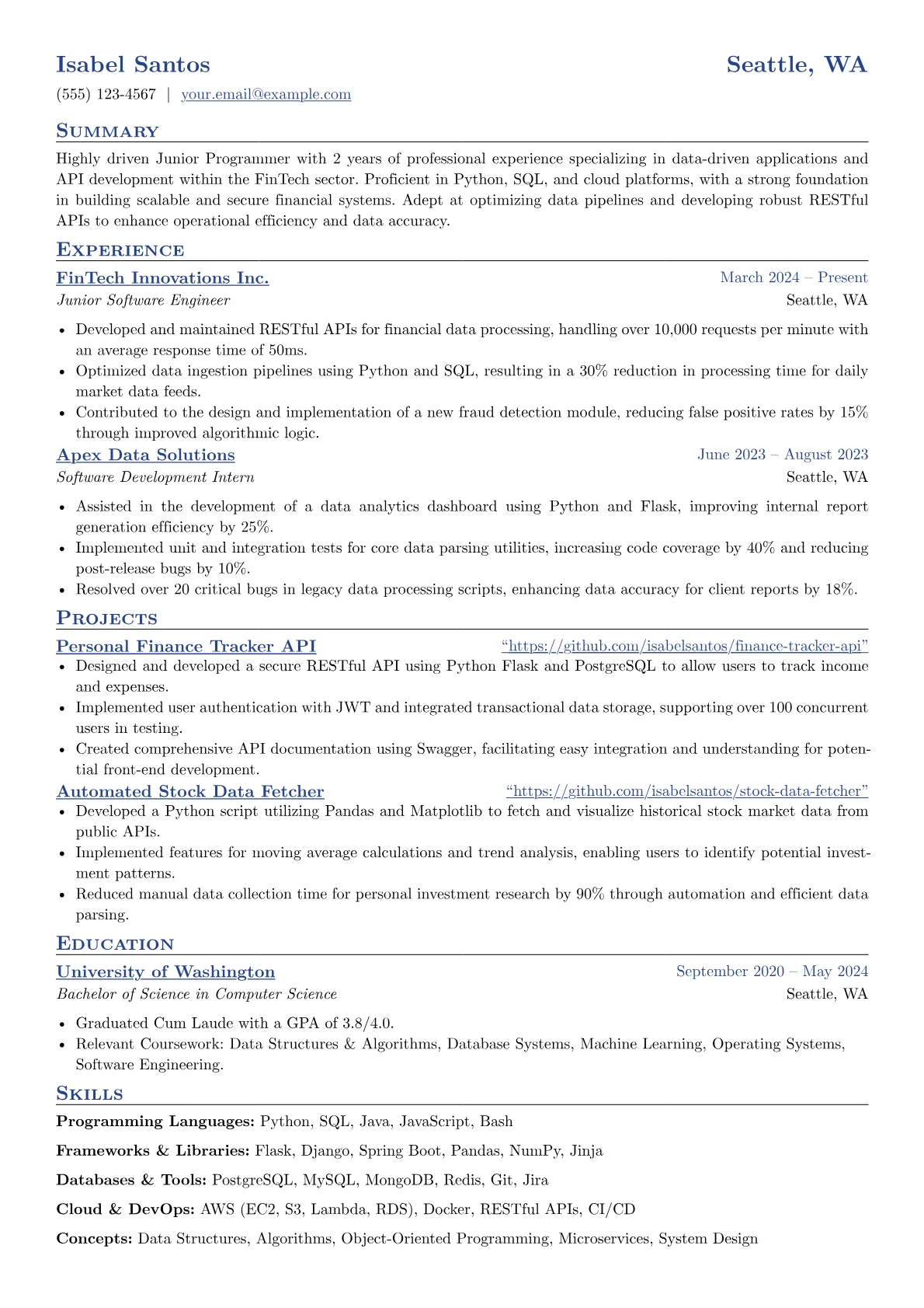 Junior Programmer resume example, Junior Programmer, page 1
