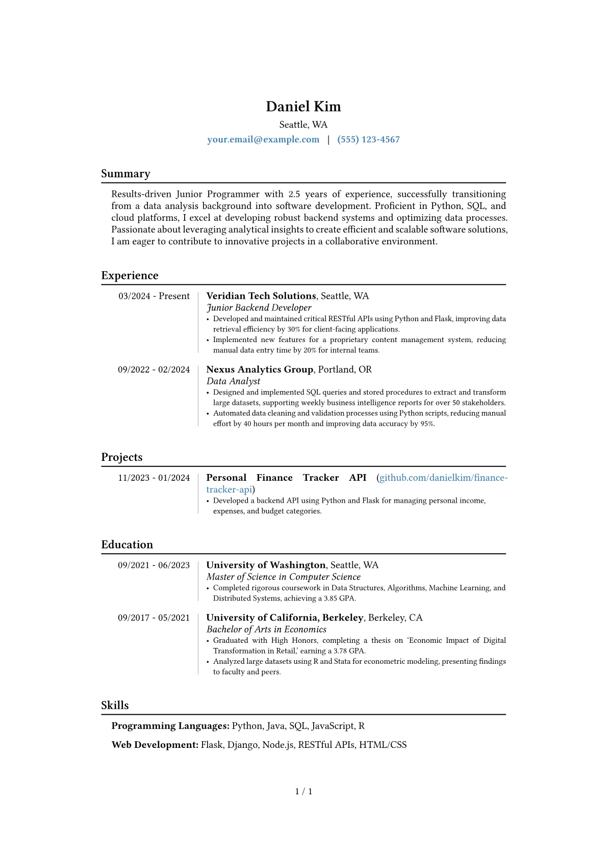 Junior Programmer resume example, Career changer, page 1