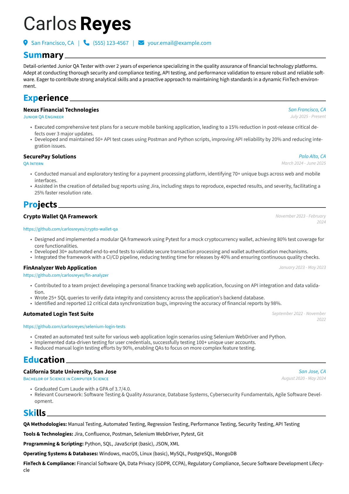 Junior QA Tester resume example, FinTech QA Specialist, page 1