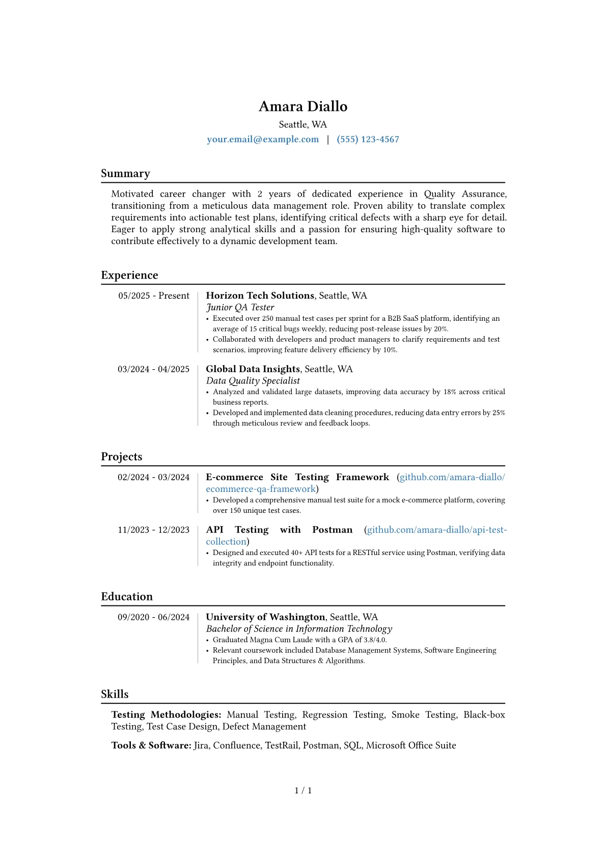 Junior QA Tester resume example, Career changer, page 1