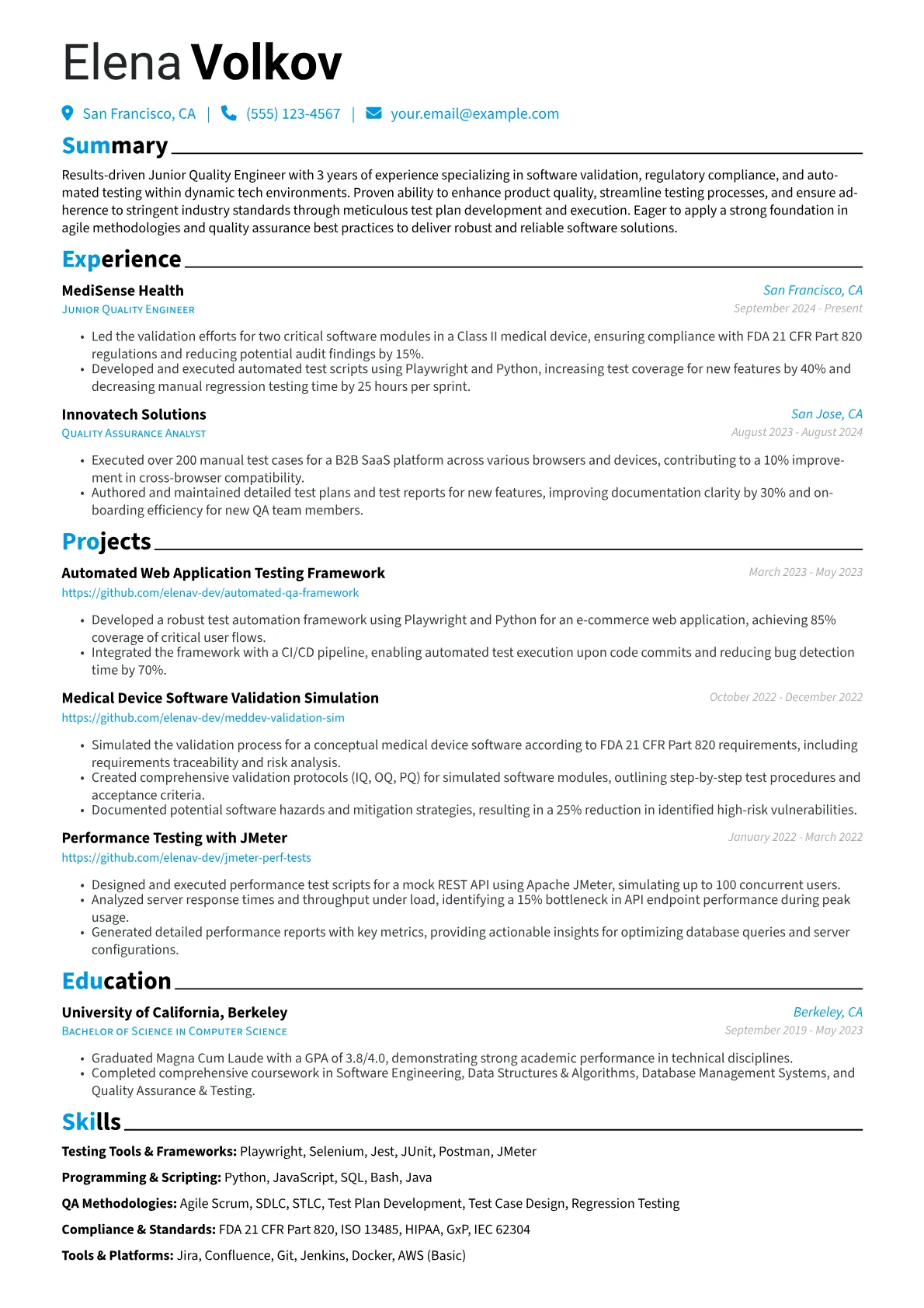 Junior Quality Engineer resume example, Software Validation, page 1