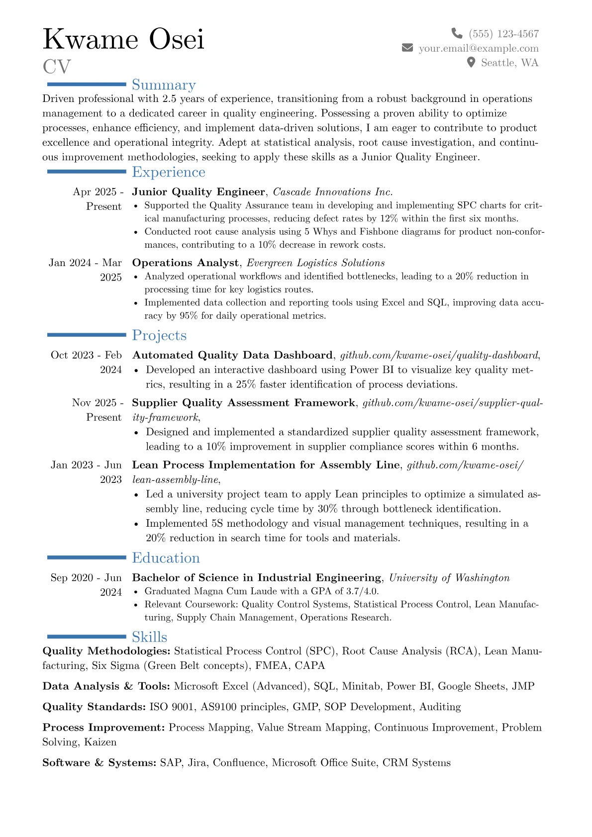 Junior Quality Engineer resume example, Career changer, page 1