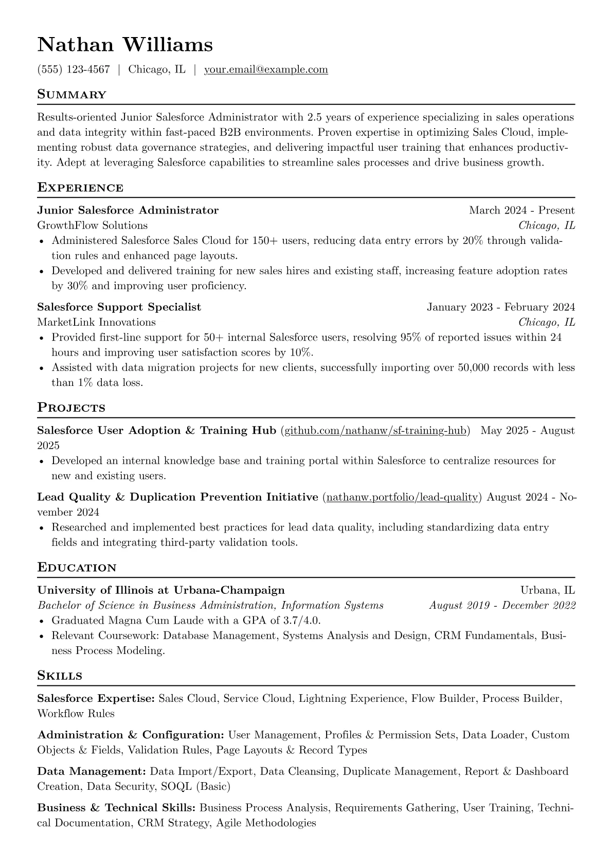 Junior Salesforce Administrator resume example, Junior Salesforce, page 1