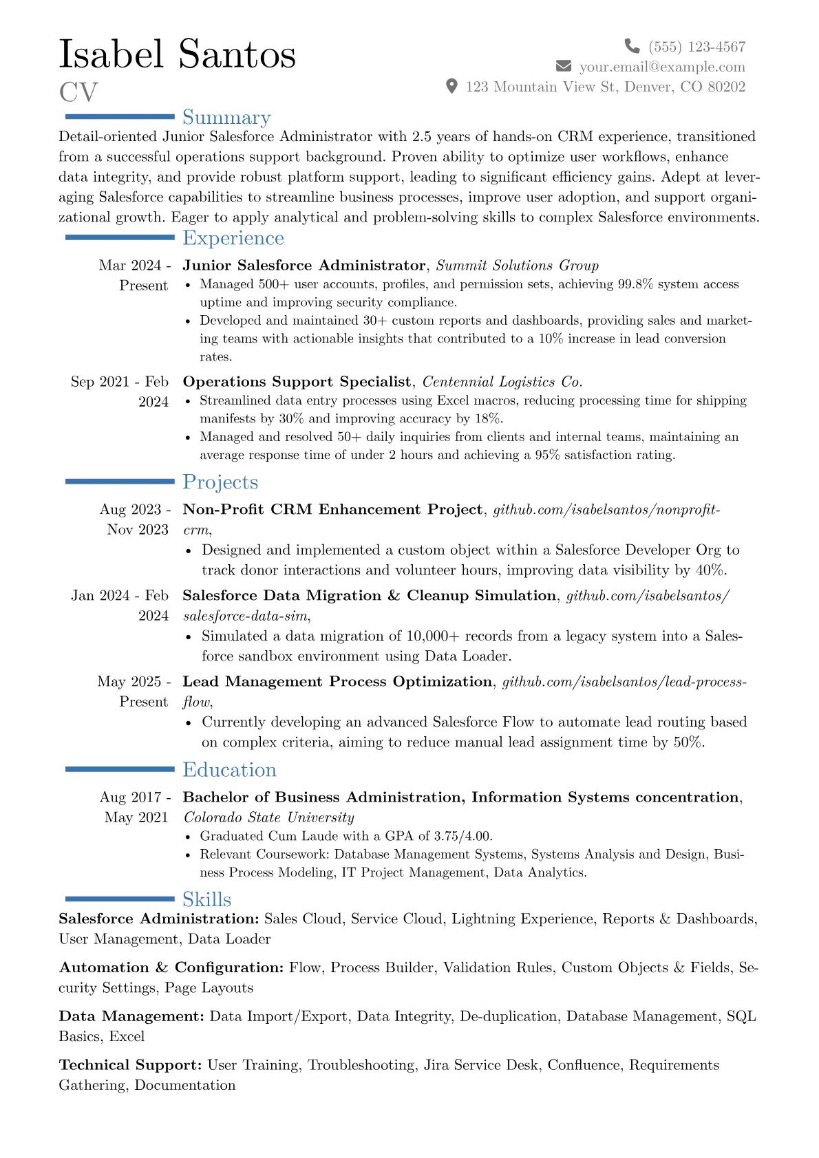 Junior Salesforce Administrator resume example, Career changer, page 1
