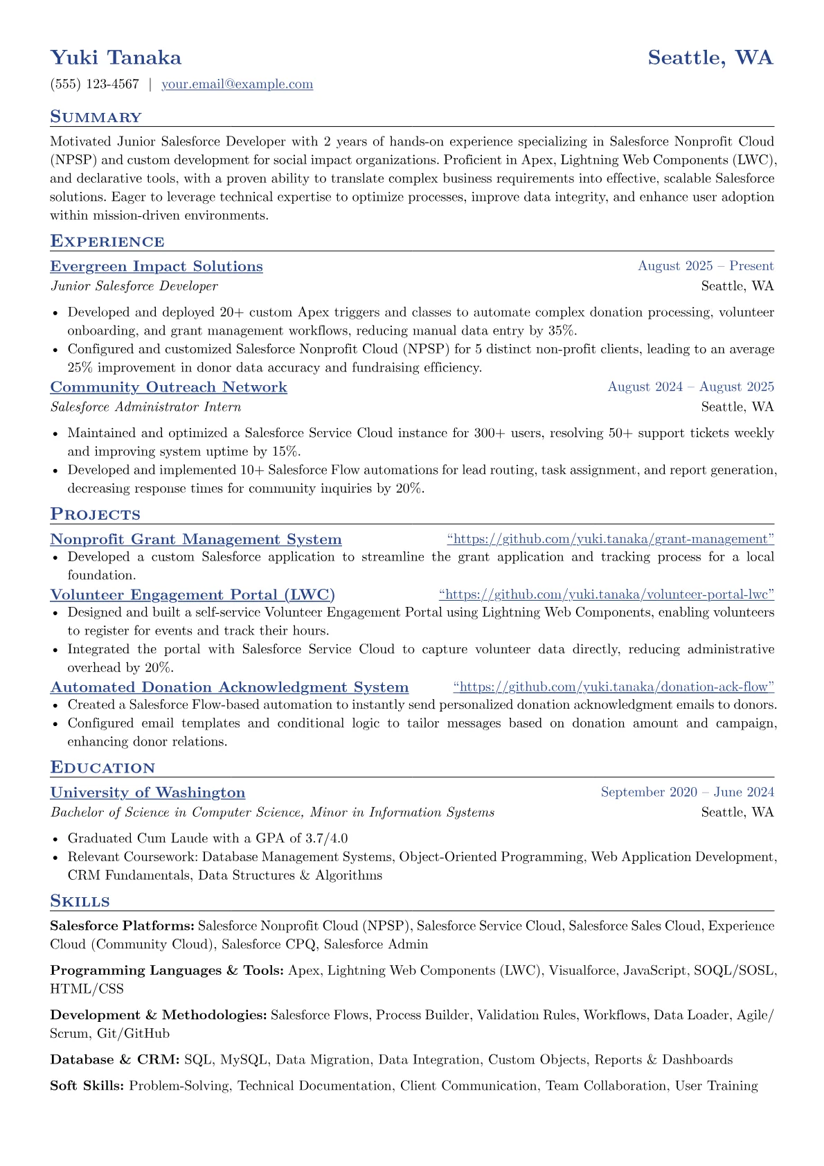 Junior Salesforce Developer resume example, Salesforce Platforms, page 1
