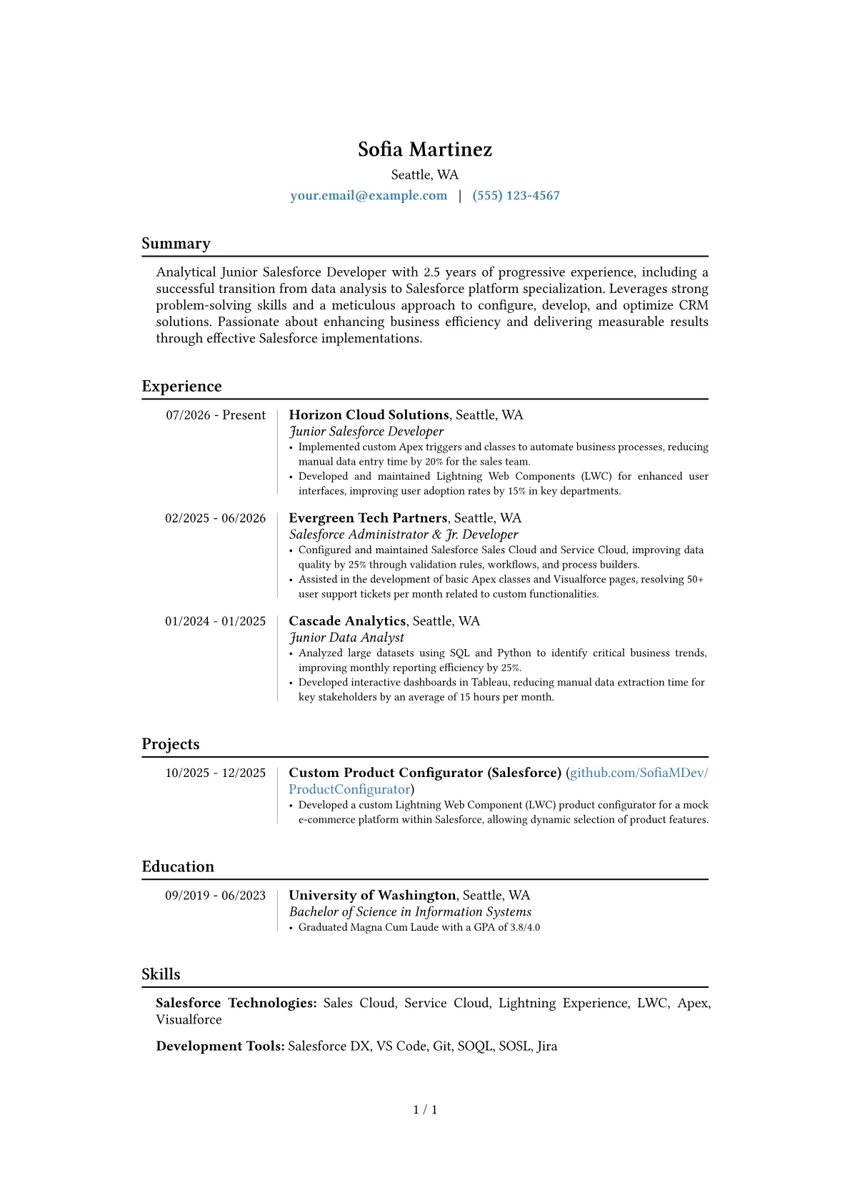Junior Salesforce Developer resume example, Career changer, page 1