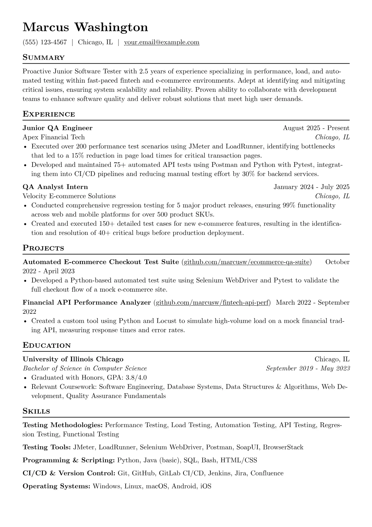Junior Software Tester resume example, Junior Software Tester, page 1