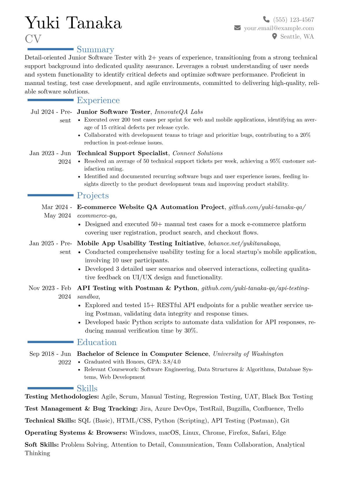 Junior Software Tester resume example, Career changer, page 1