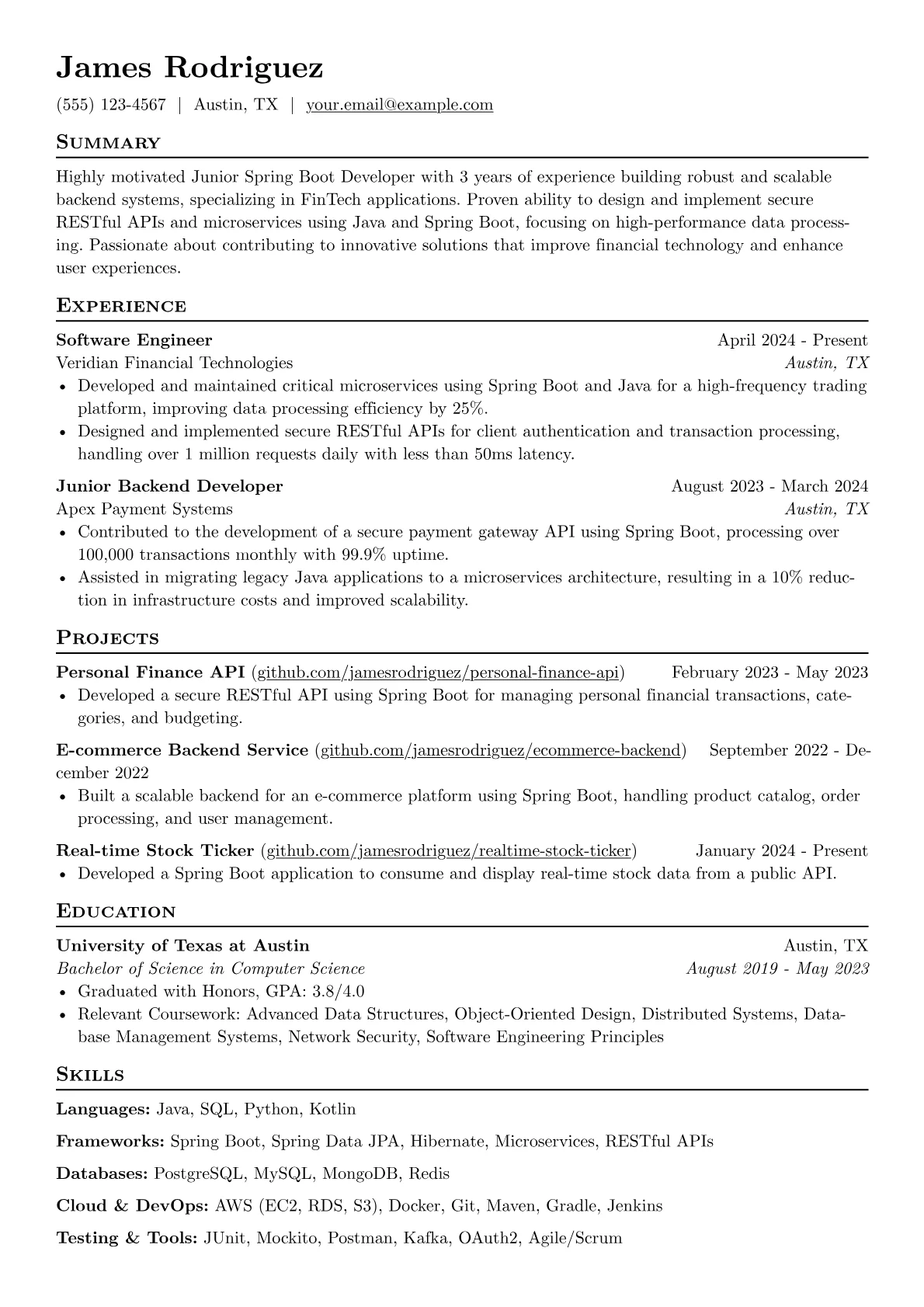Junior Spring Boot Developer resume example, FinTech Backend Focus, page 1