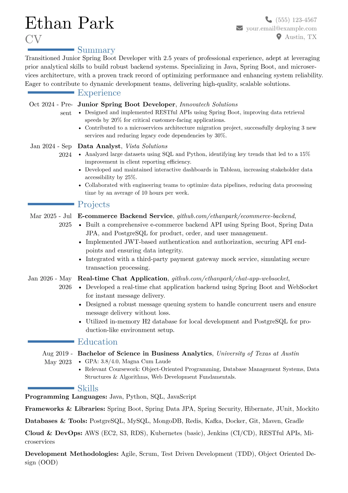 Junior Spring Boot Developer resume example, Career changer, page 1