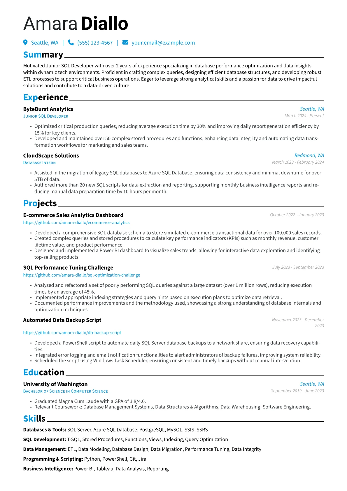 Junior SQL Developer resume example, Junior SQL Developer, page 1