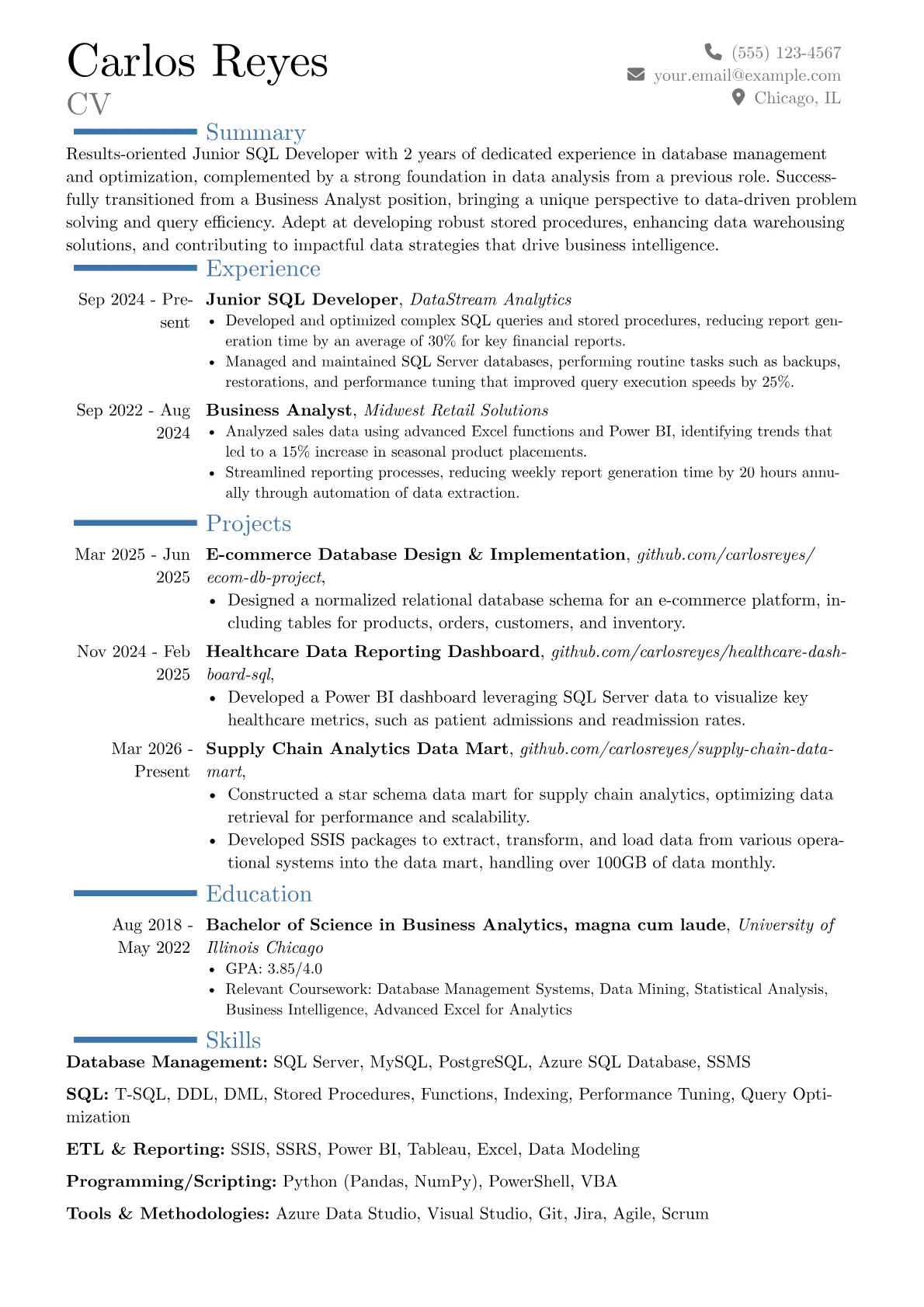 Junior SQL Developer resume example, Career changer, page 1
