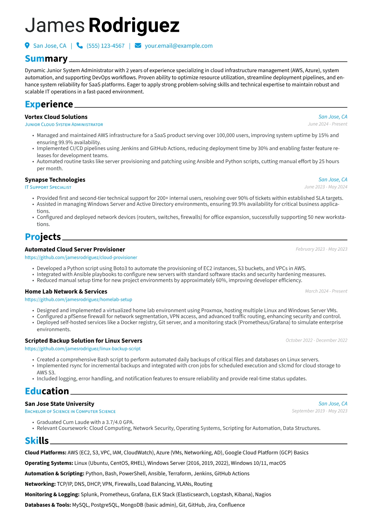 Junior System Administrator resume example, Cloud & DevOps Focused, page 1