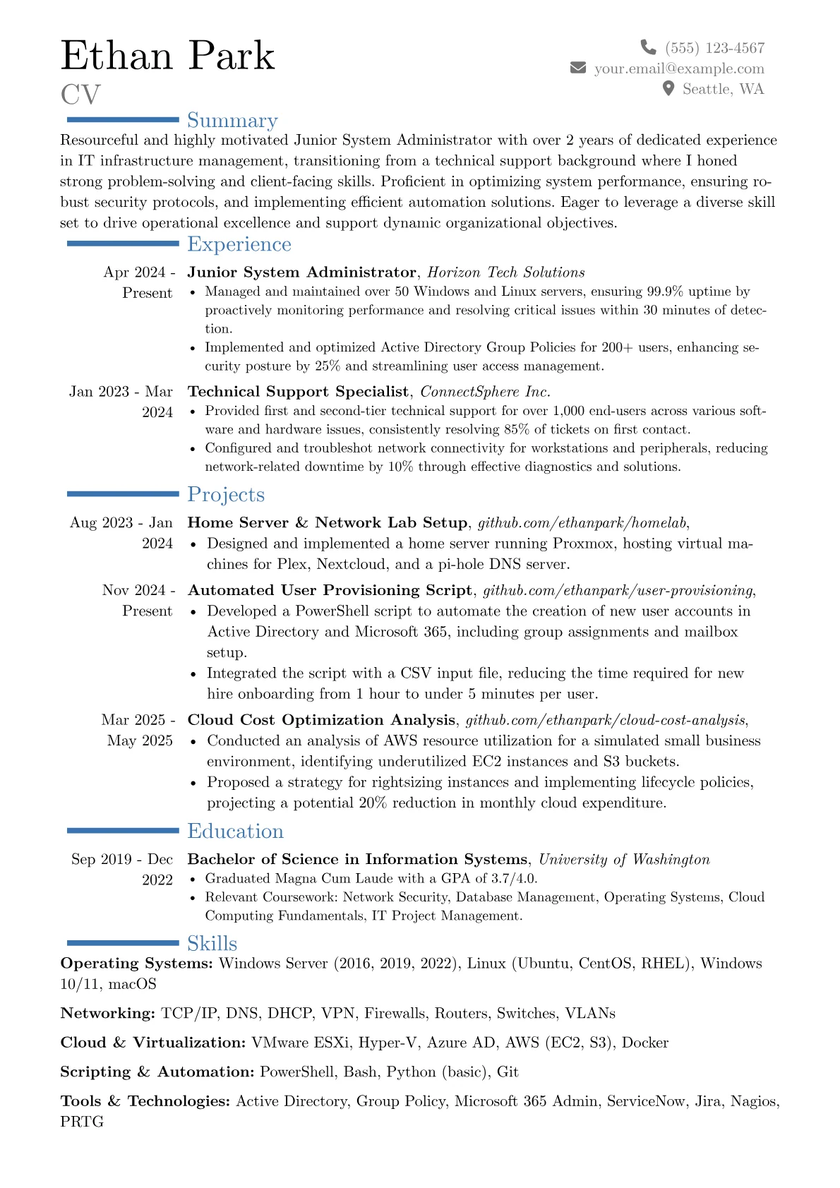 Junior System Administrator resume example, Career changer, page 1