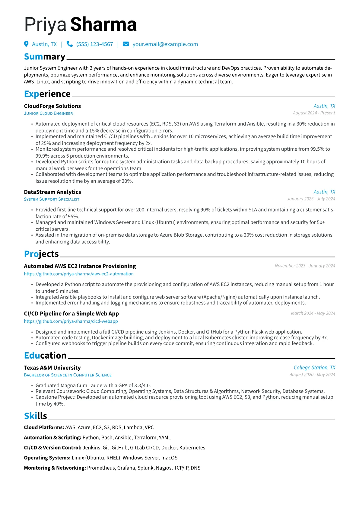 Junior System Engineer resume example, Junior System Engineer, page 1
