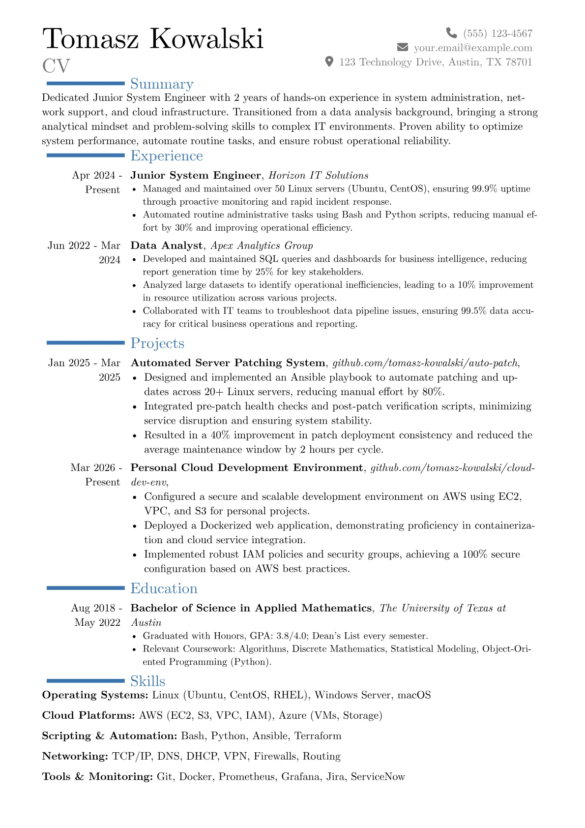 Junior System Engineer resume example, Career changer, page 1