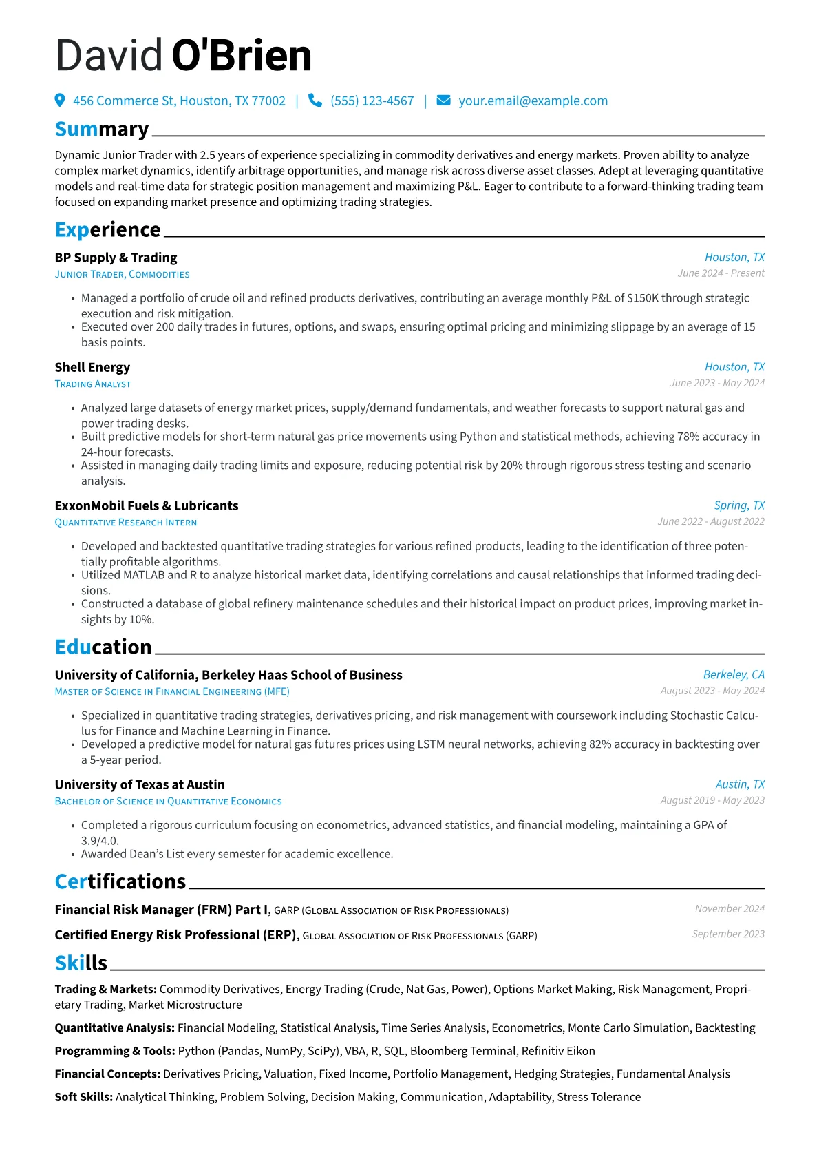 Junior Trader resume example, Junior Trader Energy, page 1