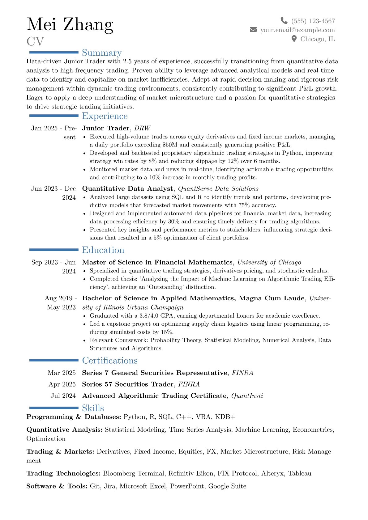 Junior Trader resume example, Career changer, page 1