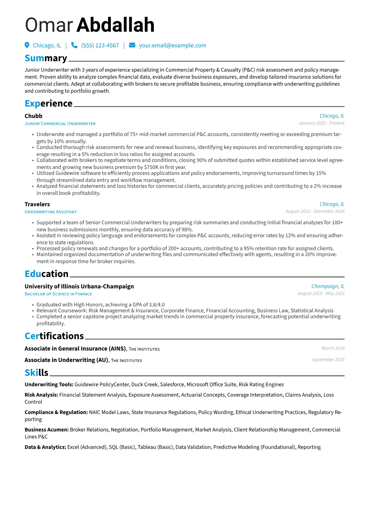 Junior Underwriter resume example, Junior Underwriter, page 1