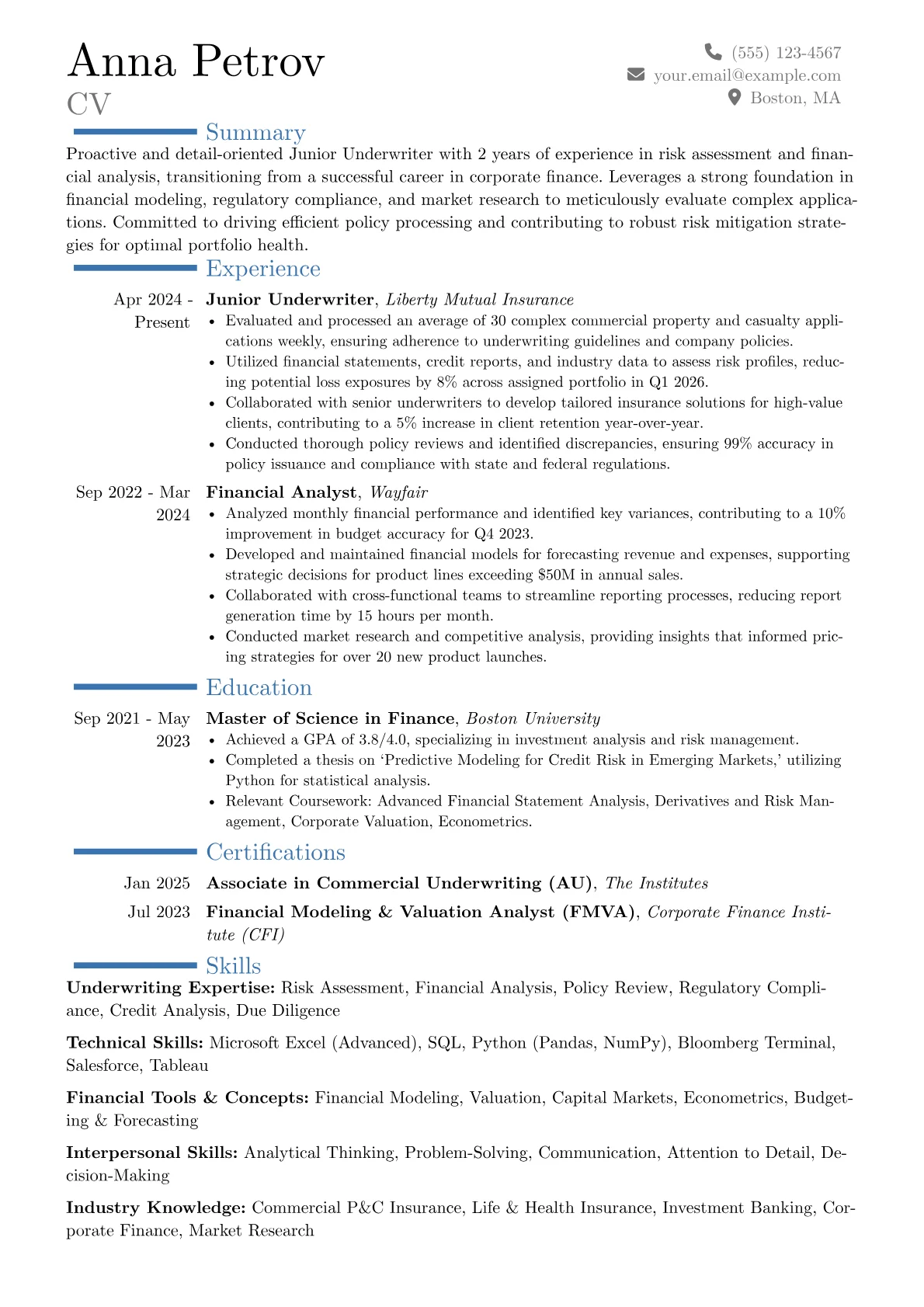 Junior Underwriter resume example, Career changer, page 1