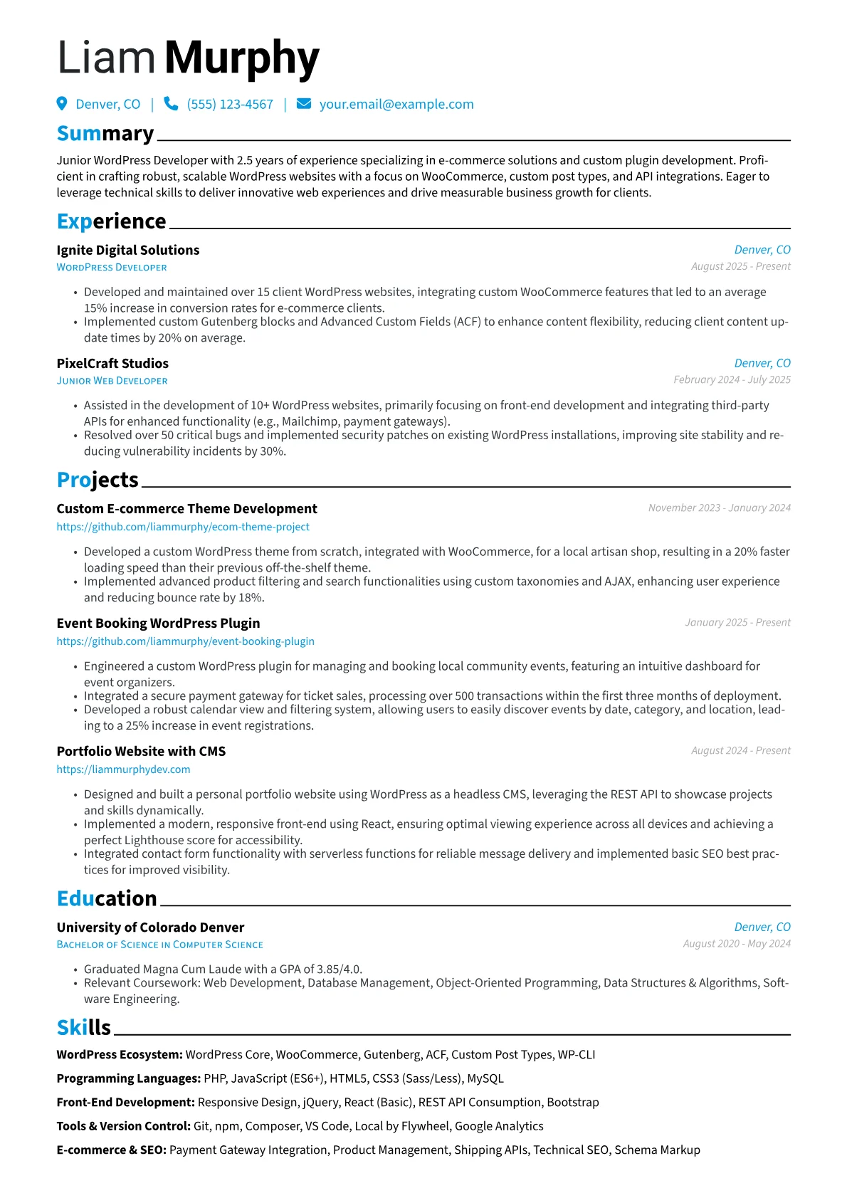 Junior WordPress Developer resume example, WordPress Ecosystem, page 1