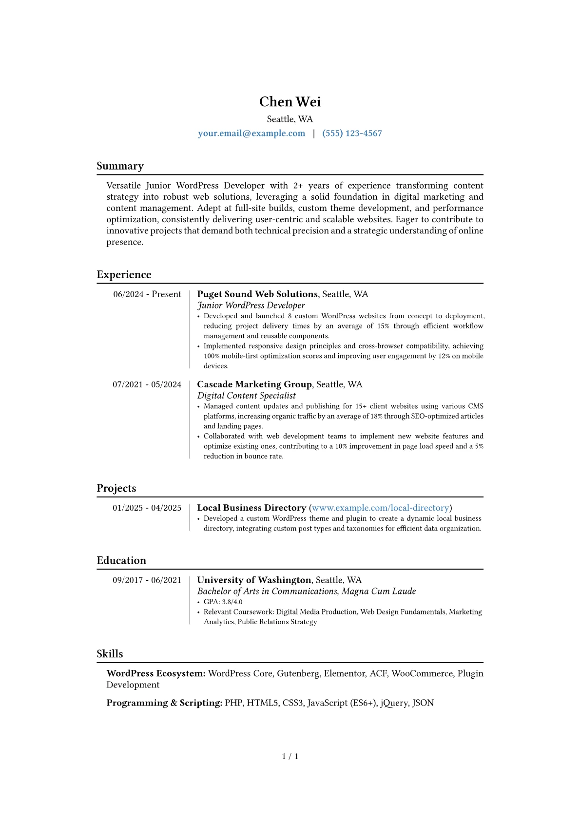 Junior WordPress Developer resume example, Career changer, page 1