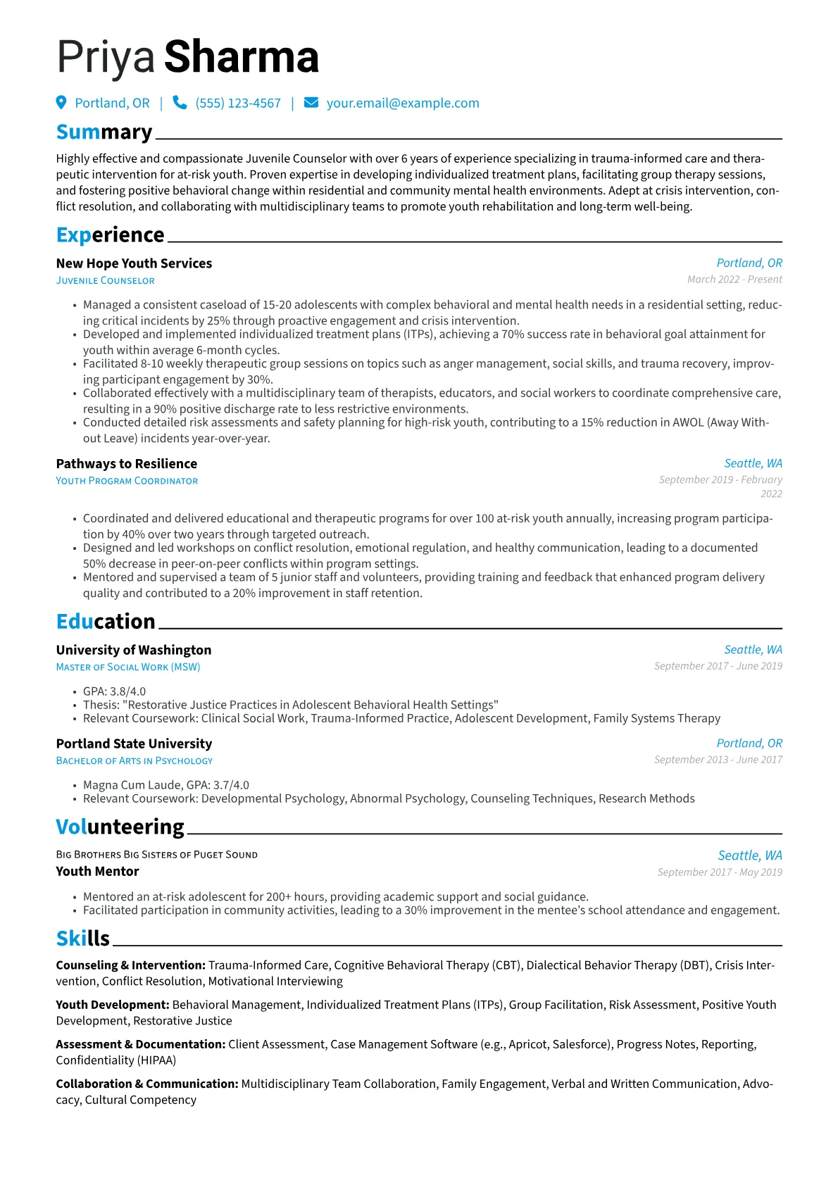 Juvenile Counselor resume example, Juvenile Counselor, page 1
