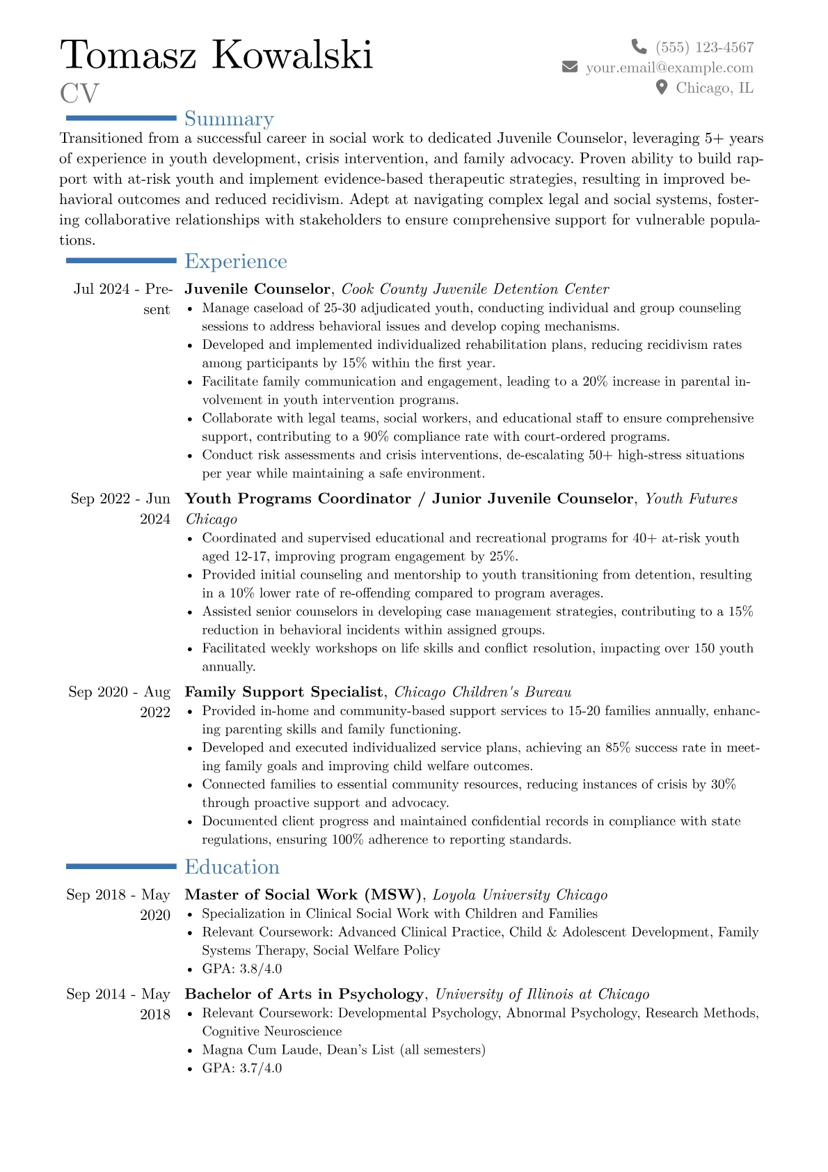 Juvenile Counselor resume example, Career changer, page 1