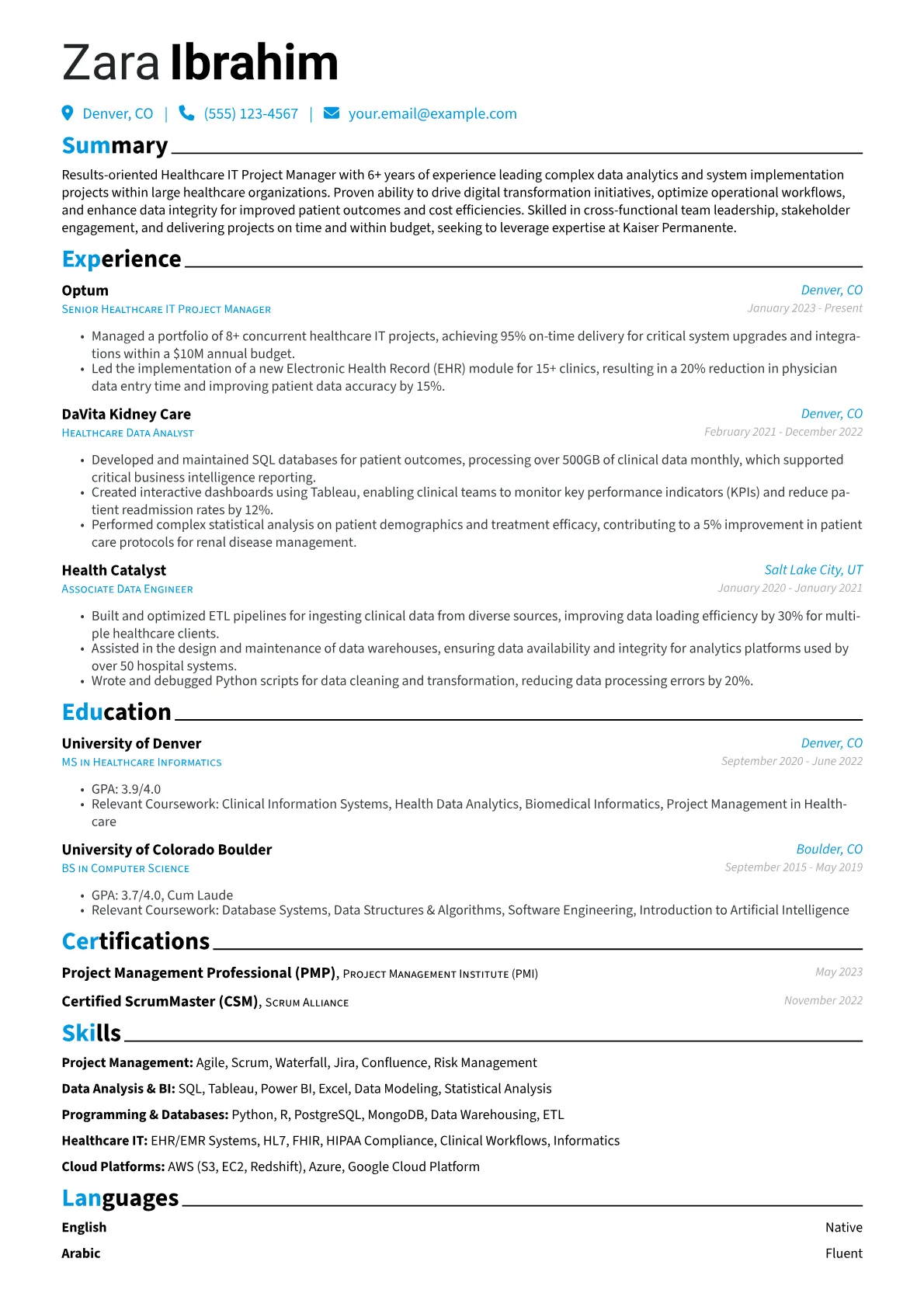 Kaiser Permanente resume example, Healthcare IT Project, page 1