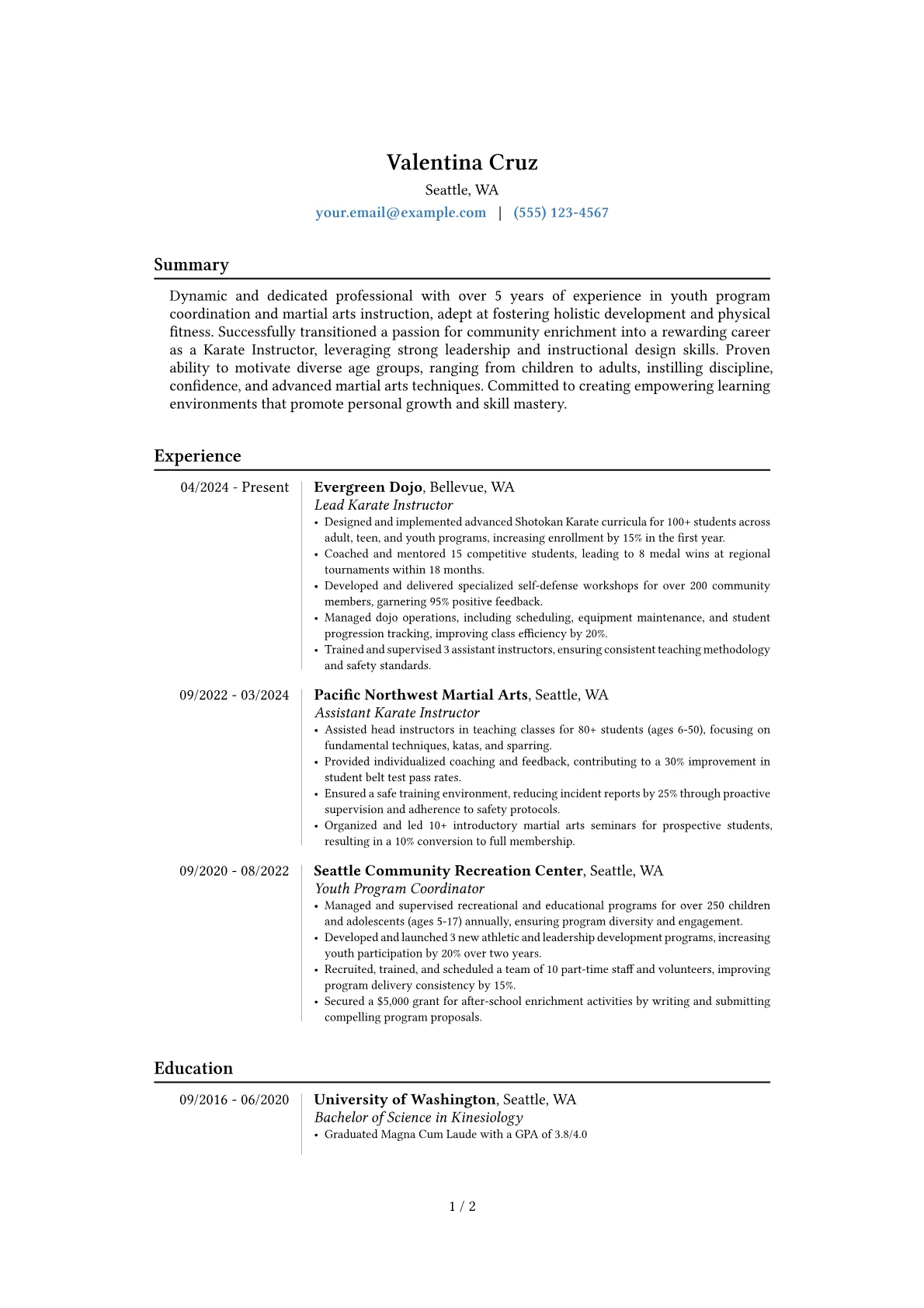 Karate Instructor resume example, Career changer, page 1