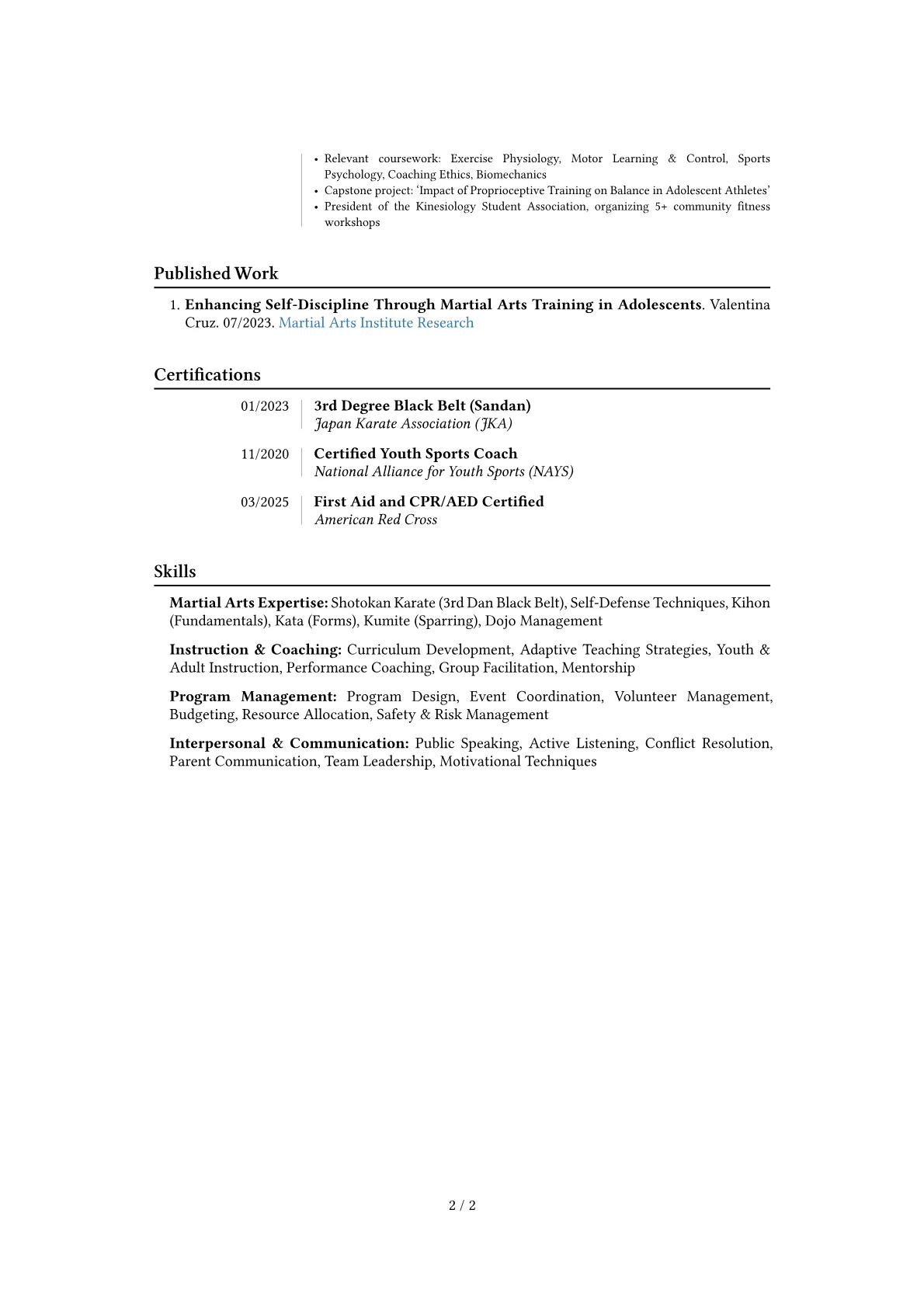 Karate Instructor resume example, Career changer, page 2