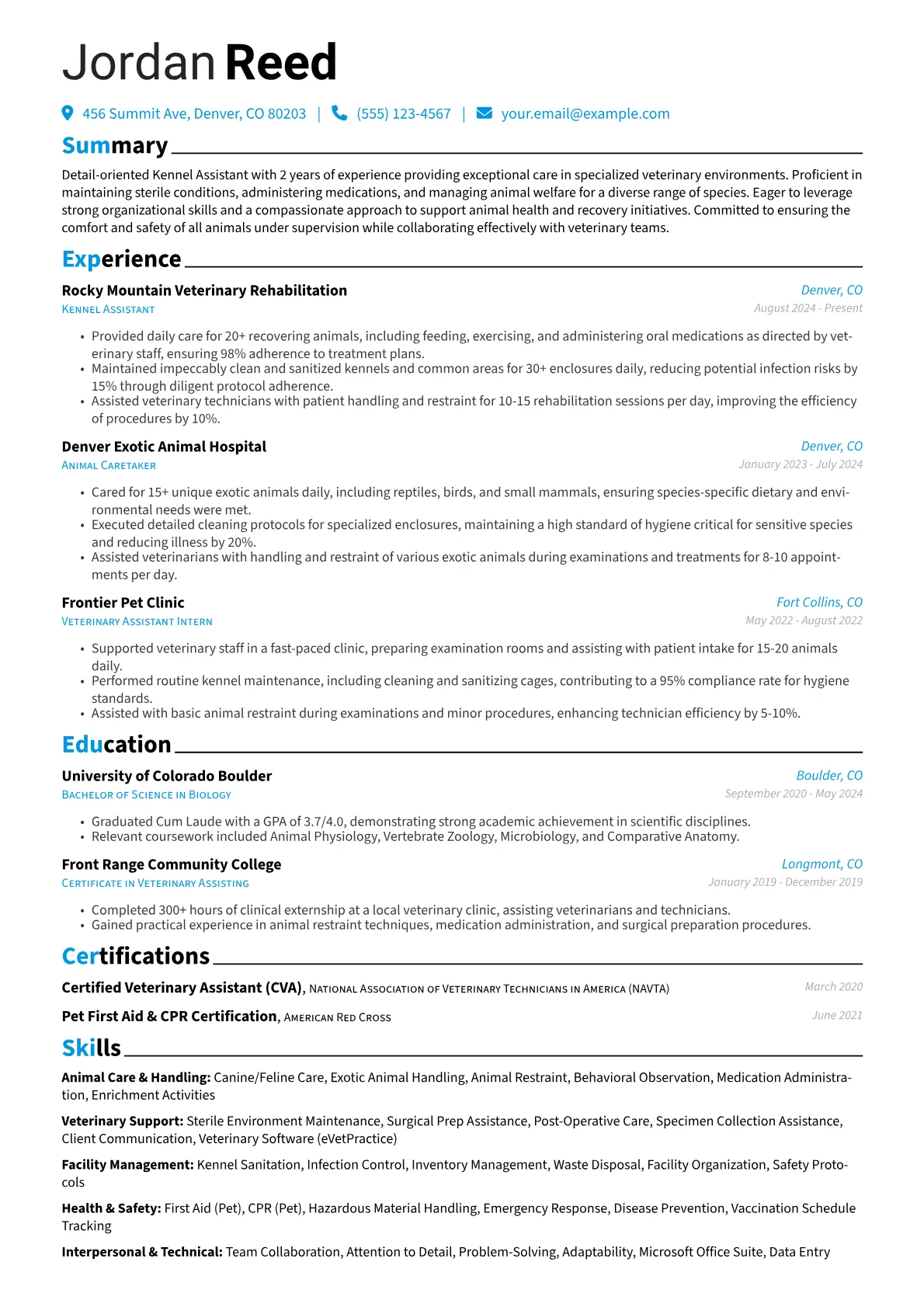 Kennel Assistant resume example, Specialized Veterinary, page 1