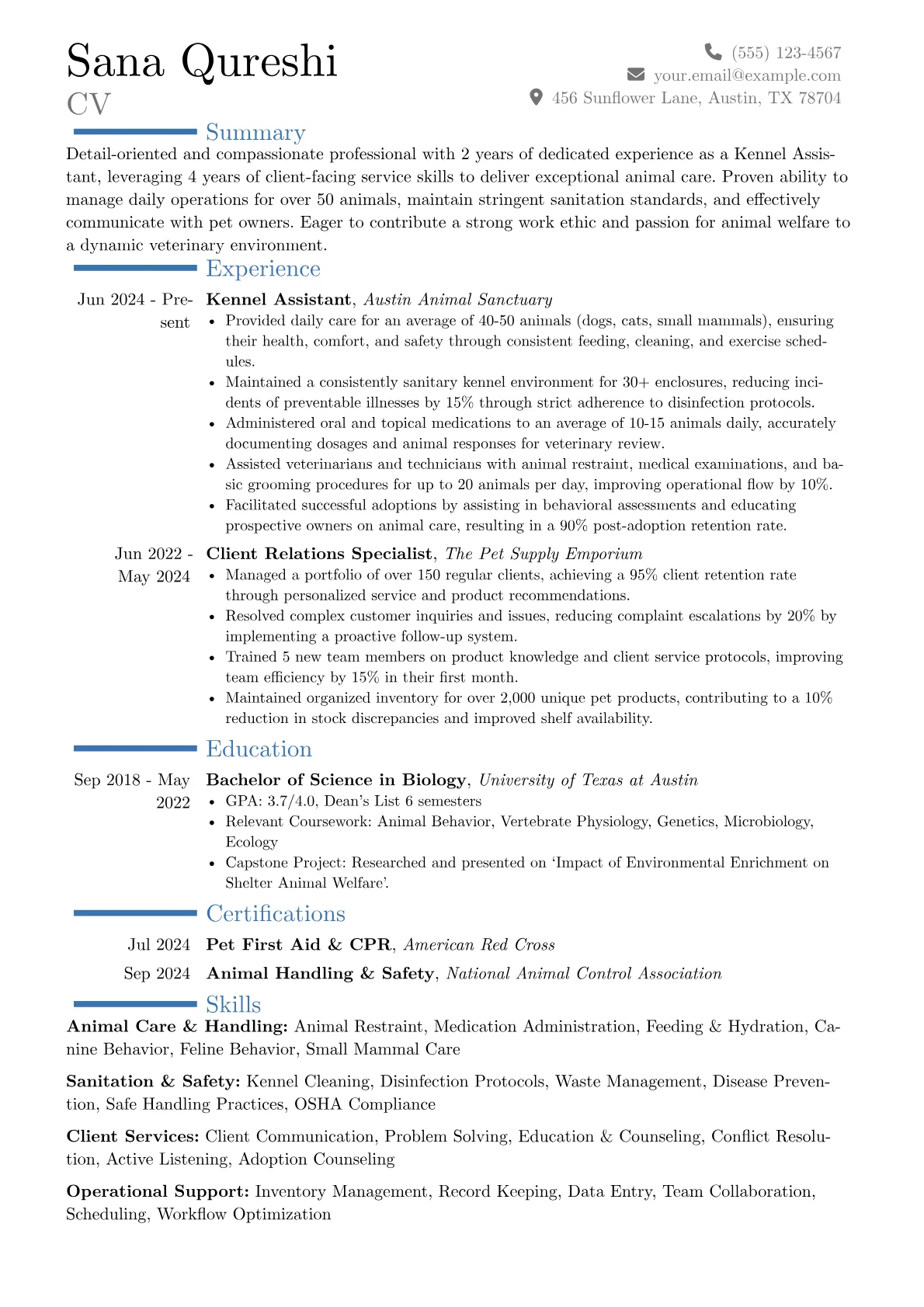 Kennel Assistant resume example, Career changer, page 1
