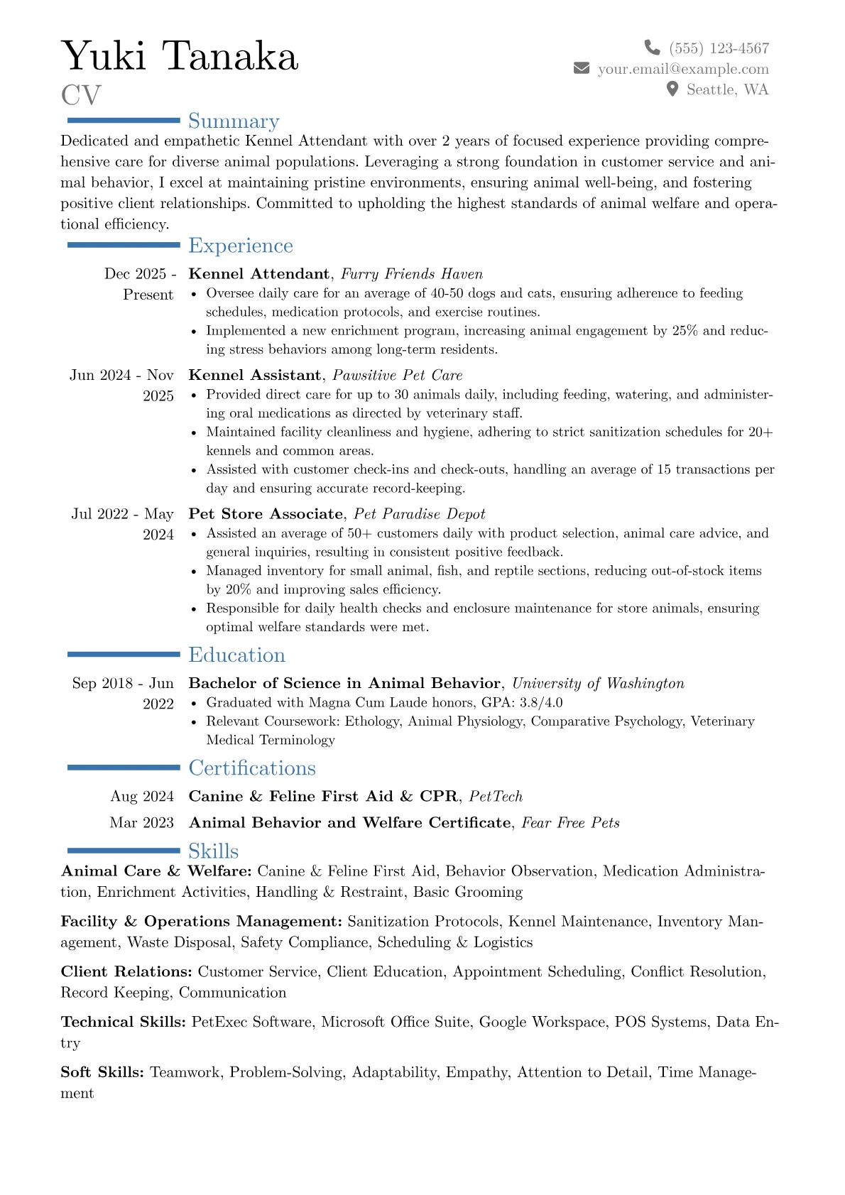 Kennel Attendant resume example, Career changer, page 1
