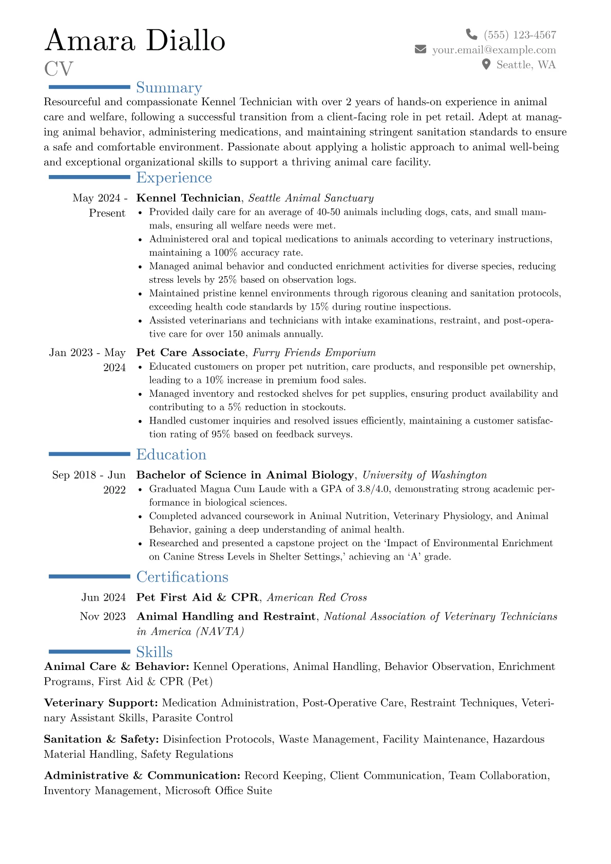 Kennel Technician resume example, Career changer, page 1