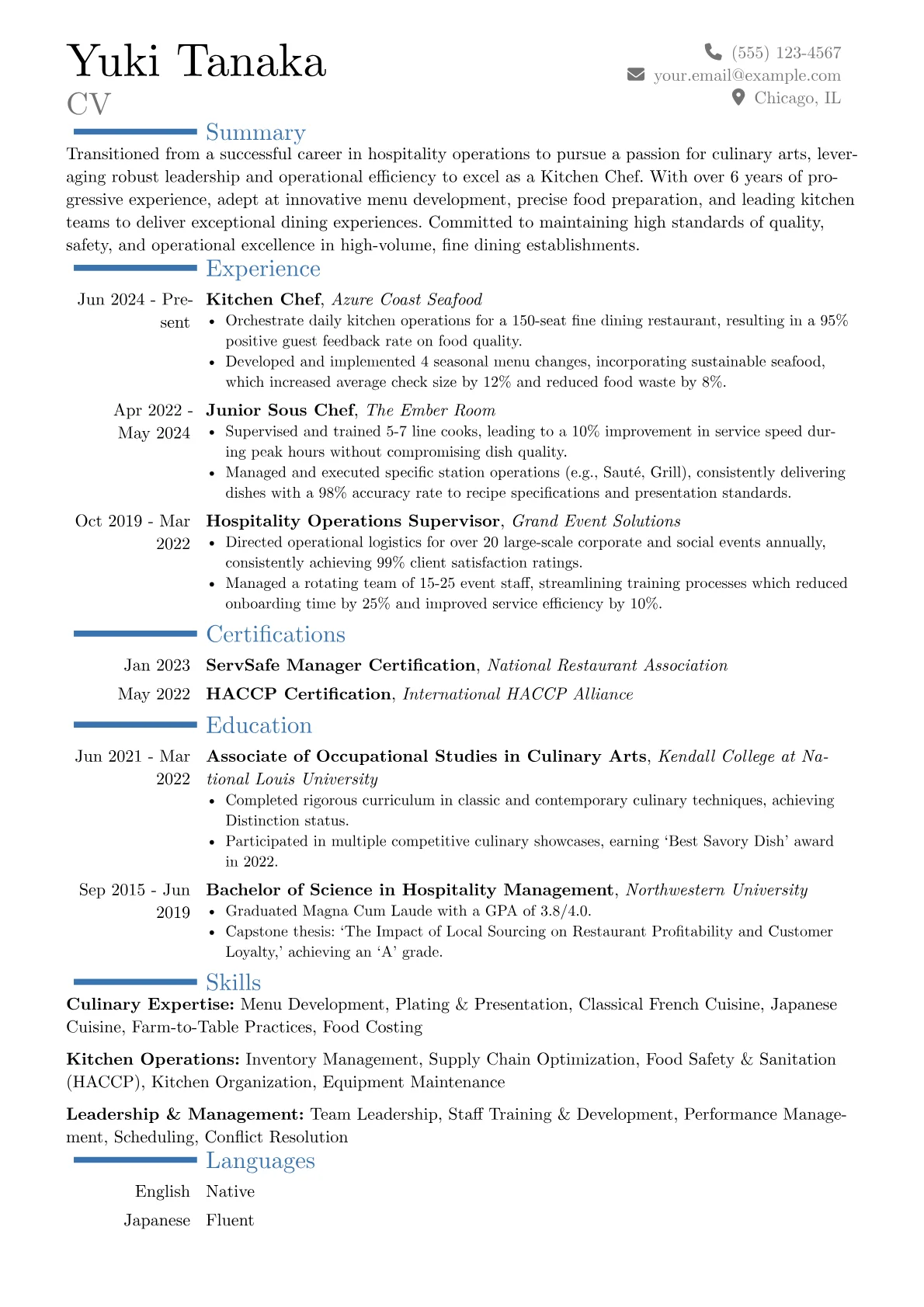 Kitchen Chef resume example, Career changer, page 1