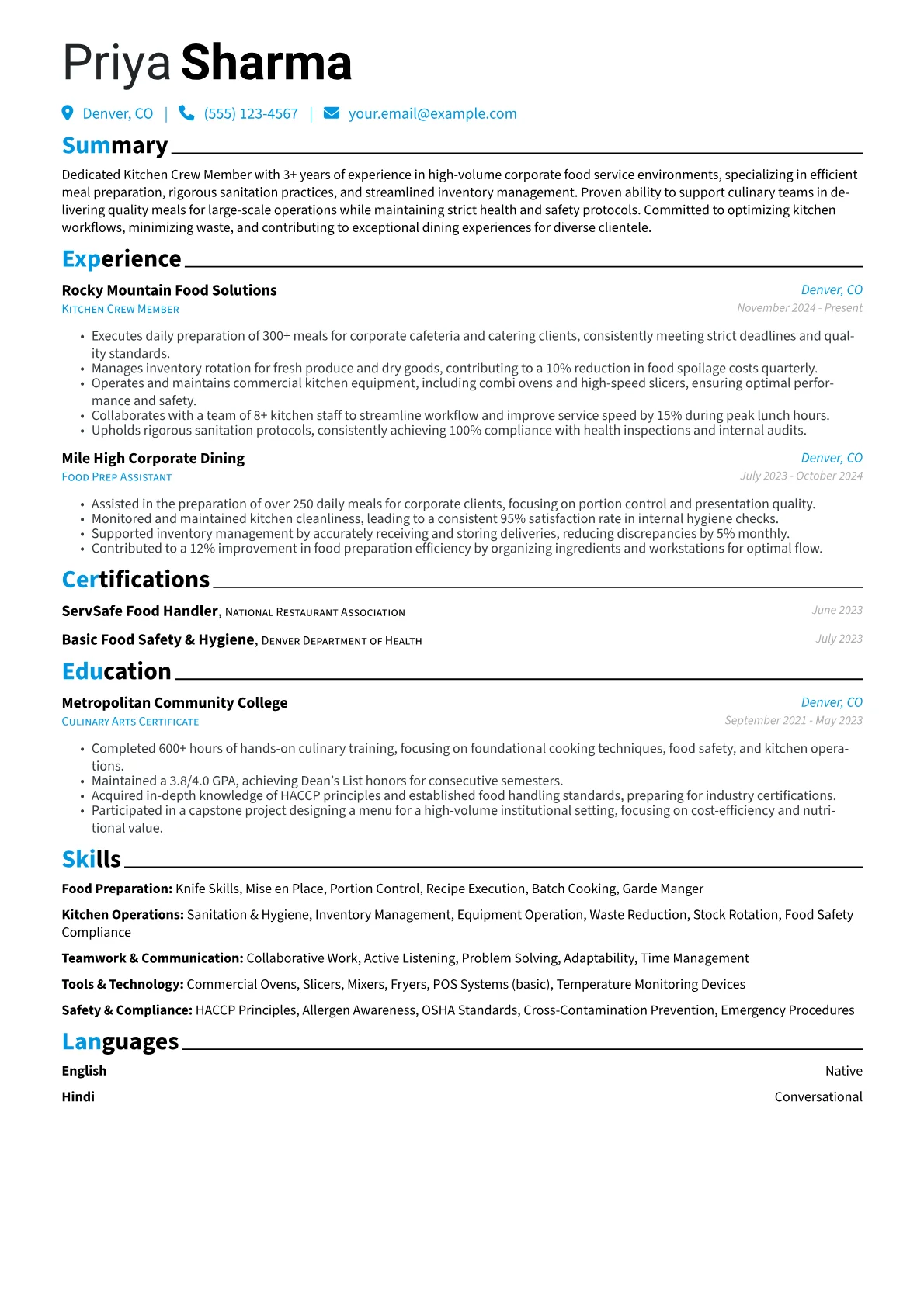 Kitchen Crew Member resume example, High-Volume Corporate, page 1