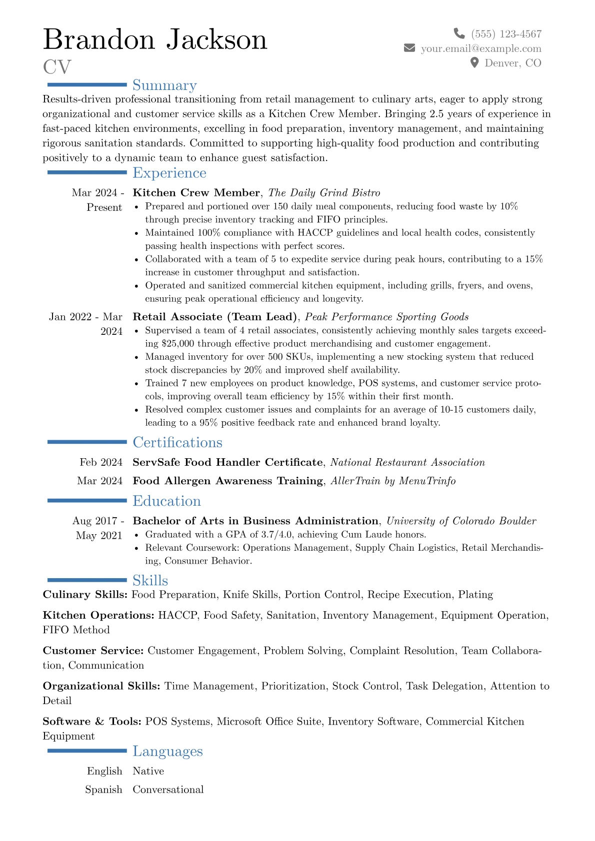 Kitchen Crew Member resume example, Career changer, page 1